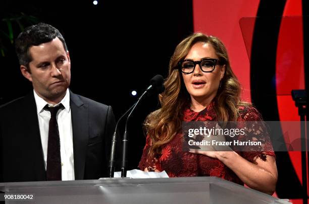 Aaron Saidman, Leah Remini on stage at the 29th Annual Producers Guild Awards at The Beverly Hilton Hotel on January 20, 2018 in Beverly Hills,...