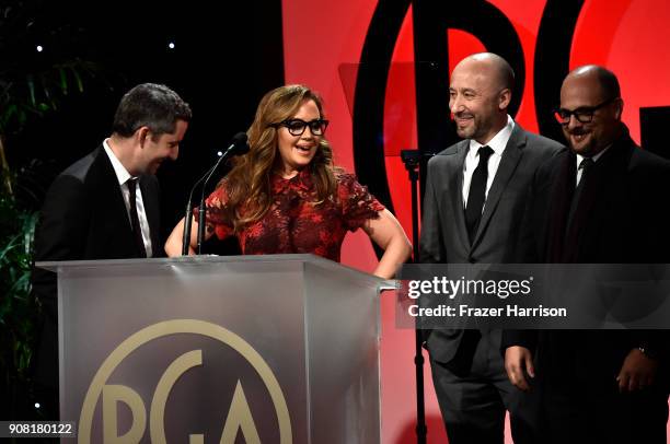 Aaron Saidman, Leah Remini and Myles Reiff on stage 29th Annual Producers Guild Awards at The Beverly Hilton Hotel on January 20, 2018 in Beverly...