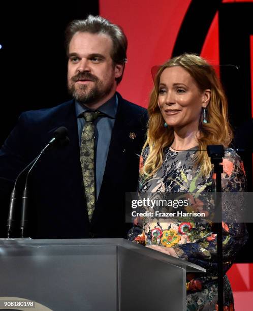 David Harbour and Leslie Mann on stage at the 29th Annual Producers Guild Awards at The Beverly Hilton Hotel on January 20, 2018 in Beverly Hills,...