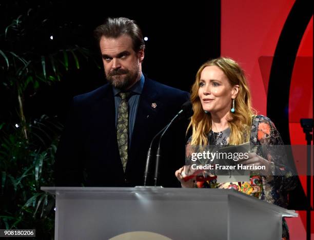 David Harbour and Leslie Mann on stage at the 29th Annual Producers Guild Awards at The Beverly Hilton Hotel on January 20, 2018 in Beverly Hills,...