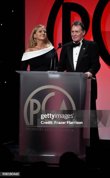Lori McCreary and Gary Lucchesi on stage at the 29th Annual Producers Guild Awards at The Beverly Hilton Hotel on January 20, 2018 in Beverly Hills,...