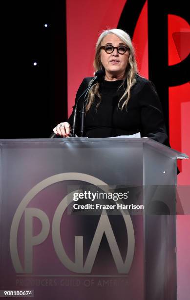 Darla K. Anderson on stage at the 29th Annual Producers Guild Awards at The Beverly Hilton Hotel on January 20, 2018 in Beverly Hills, California.