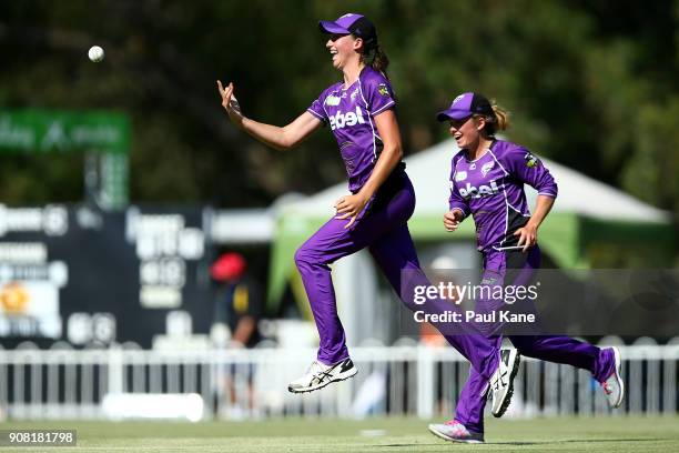 Erin Fazackerley of the Hurricanes celebrates after taking a catch to dismiss Megan Banting of the Scorchers during the Women's Big Bash League match...