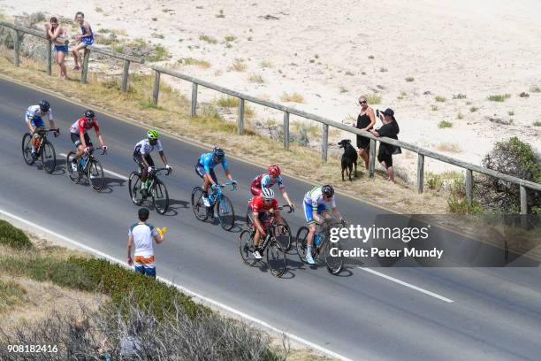 Break away group lead by Zak Dempster of TEAM UNISA-AUSTRALIA on the Esplande at Aldinga during Stage five from McLaren Vale to Willunga Hill at the...