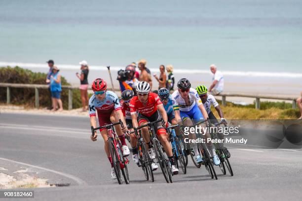 The breakaway group on the last lap along the Esplande at Aldinga during Stage five from McLaren Vale to Willunga Hill at the Santos Tour Down Under...