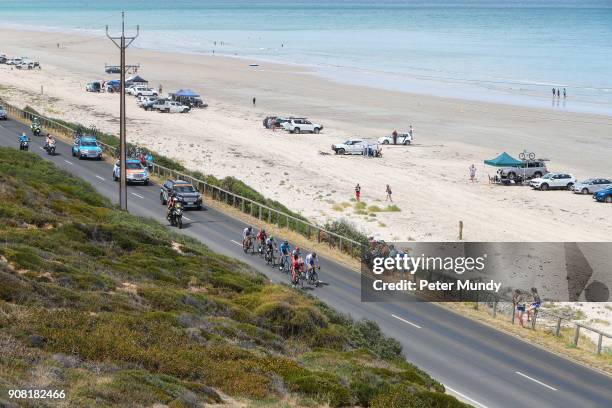 Break away group of riders on the Esplande at Aldinga during Stage five from McLaren Vale to Willunga Hill at the Santos Tour Down Under on January...