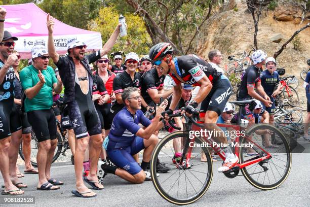 Huge cheering crowd watched Richie Porte of BMC RACING TEAM sprinting towards the finish line on the climb up Old Willunga Hill during Stage five...