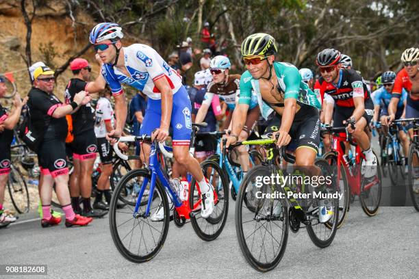 Caleb Ewan of Mitchelton-SCOTT smiles to the cheering crowd on the last lap of Old Willunga Hill during Stage five from McLaren Vale to Willunga Hill...