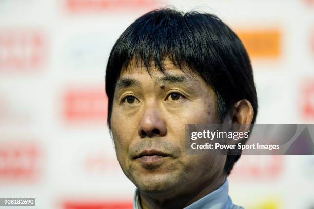 Team Japan manger Hajime Moriyasu talks to media during the post match press conference of the AFC U23 Championship China 2018 Quarter-finals match...