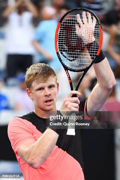 Kyle Edmund of Great Britain celebrates winning his fourth round match against Andreas Seppi of Italy on day seven of the 2018 Australian Open at...