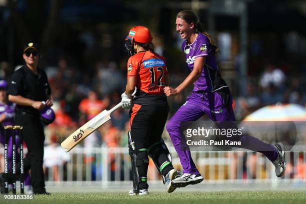 Erin Fazackerley of the Hurricanes celebrates the wicket of Natalie Sciver of the Scorchers during the Women's Big Bash League match between the...