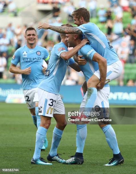 Marcin Budzinski of the City celebrates after scoring a goal during the round 17 A-League match between Melbourne City and Adelaide united at AAMI...