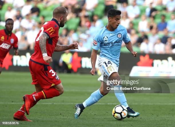 Daniel Arzani of the City runs with the ball during the round 17 A-League match between Melbourne City and Adelaide united at AAMI Park on January...