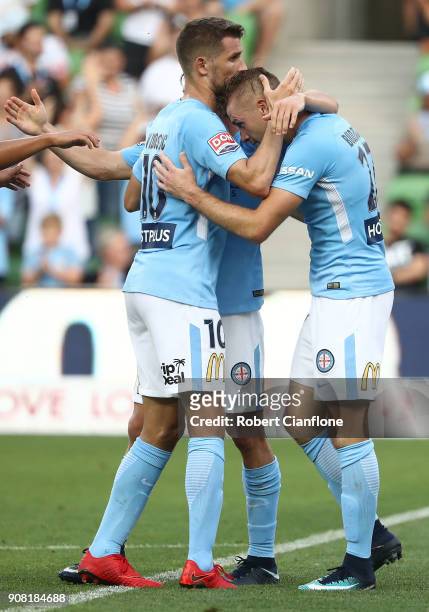 Marcin Budzinski of the City celebrates scoring his second goal during the round 17 A-League match between Melbourne City and Adelaide united at AAMI...