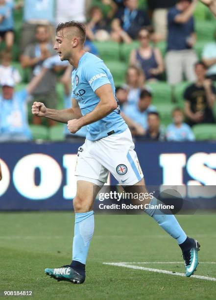 Marcin Budzinski of the City celebrates scoring his second goal during the round 17 A-League match between Melbourne City and Adelaide united at AAMI...