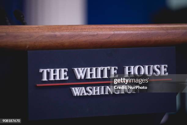 Closeup of the podium in the James S. Brady Press Briefing Room of the White House in Washington, D.C., on Saturday, January 20, 2018.