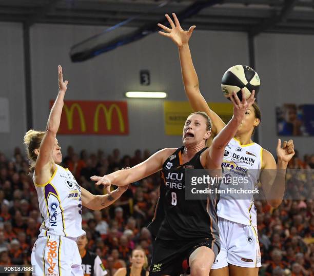 Suzy Batkovic of the Fire attempts a lay up during game three of the WNBL Grand Final series between the Townsville Fire and Melbourne Boomers at the...
