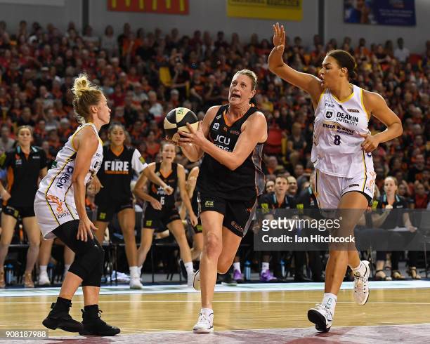 Suzy Batkovic of the Fire drives to the basket during game three of the WNBL Grand Final series between the Townsville Fire and Melbourne Boomers at...