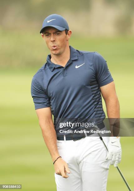 Rory McIlroy of Northern Ireland plays his second shot on the second hole during the final round of the Abu Dhabi HSBC Golf Championship at Abu Dhabi...