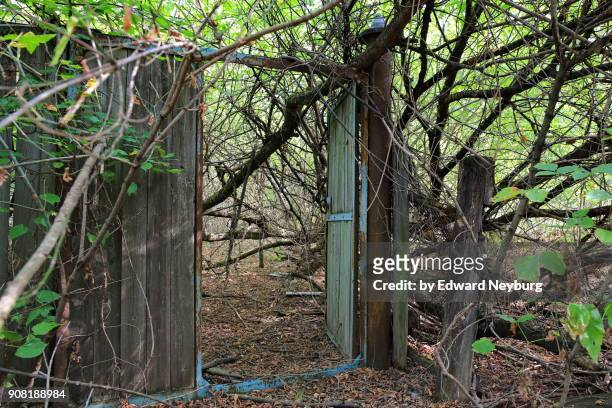 gate to the abandoned courtyard within the chernobyl exclusion zone - exclusion zone stock pictures, royalty-free photos & images