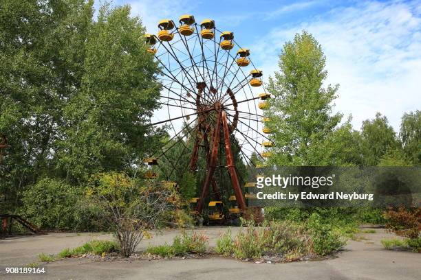 ferris wheel surrounded by tall trees in pripyat city near chernobyl - pripyat city stock pictures, royalty-free photos & images