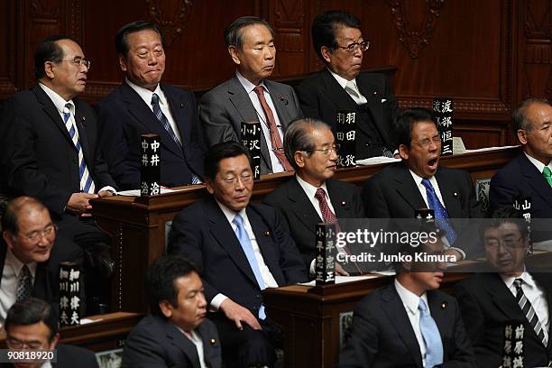 Ichiro Ozawa attends the lower house plenary session on September 16, 2009 in Tokyo, Japan. Newly elected Prime Minister Yukio Hatoyama and...