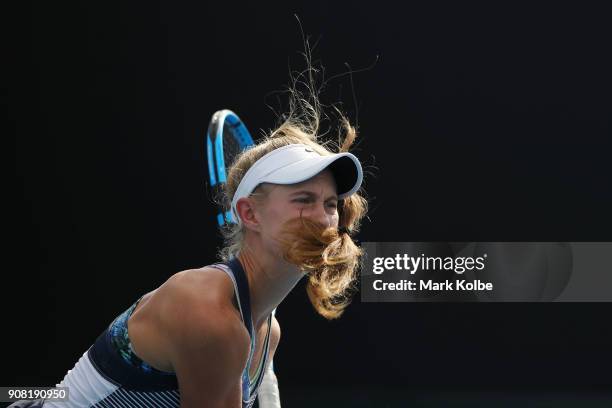 Stefania Rogozinska Dzik of Poland serves in her doubles match with Ali Collins of Great Britain against Gabriella Da Silva Fick of Australia and...