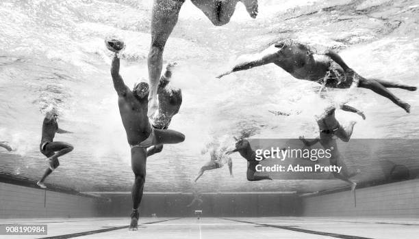 Joe Kayes of Australia is held underwater in centre forward during the Italy v Australia Waterpolo match on day fourteen of the Budapest 2017 FINA...