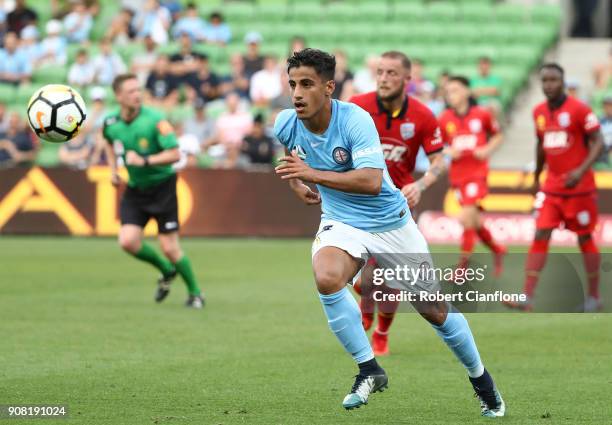 Daniel Arzani of the City runs with the ball during the round 17 A-League match between Melbourne City and Adelaide United at AAMI Park on January...