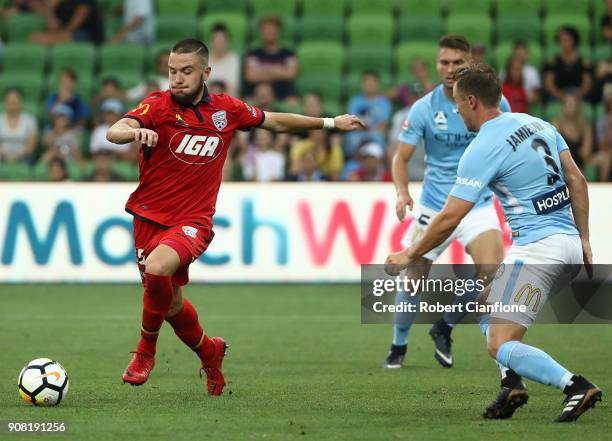 Apostolos Stamatelopoulos of United controls the ball during the round 17 A-League match between Melbourne City and Adelaide United at AAMI Park on...