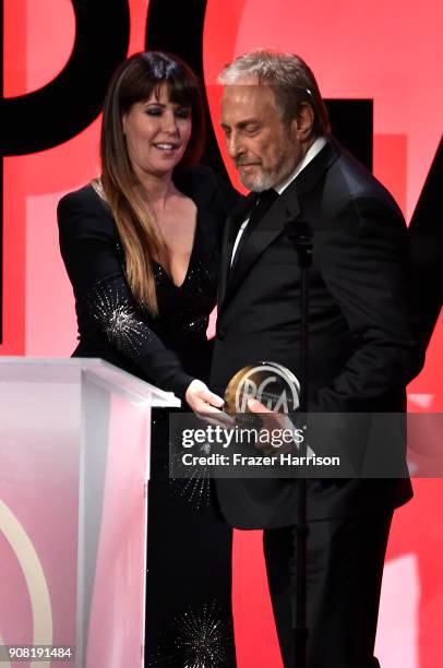 Patty Jenkins and Charles Roven on stage at the 29th Annual Producers Guild Awards at The Beverly Hilton Hotel on January 20, 2018 in Beverly Hills,...