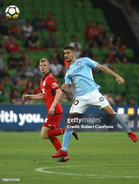 Dario Vidosic of the City heads the ball during the round 17 A-League match between Melbourne City and Adelaide United at AAMI Park on January 21,...