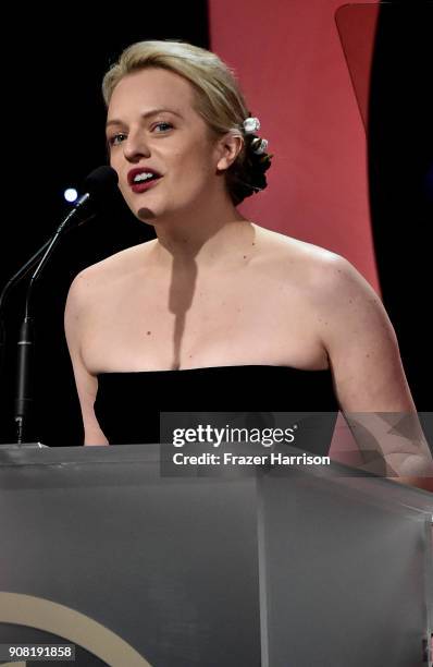 Elisabeth Moss on stage at the 29th Annual Producers Guild Awards at The Beverly Hilton Hotel on January 20, 2018 in Beverly Hills, California.