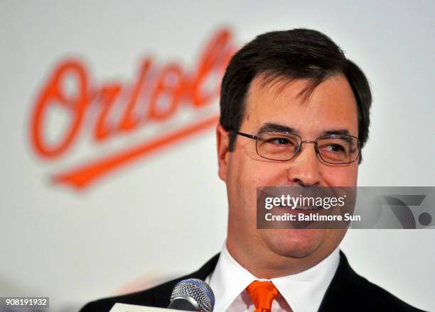 Dan Duquette, the executive vice president of baseball operations for the Baltimore Orioles, speaks at a news conference in Baltimore on November 8,...