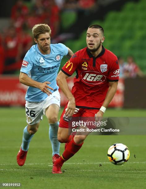 Apostolos Stamatelopoulos of United controls the ball during the round 17 A-League match between Melbourne City and Adelaide United at AAMI Park on...