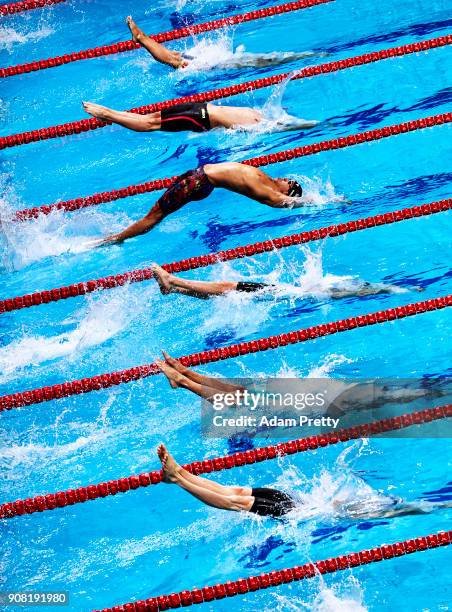 Matt Grevers of the USA starts the Men's 100m backstroke semi-final during the swimming competition at the Budapest 2017 FINA World Championships in...