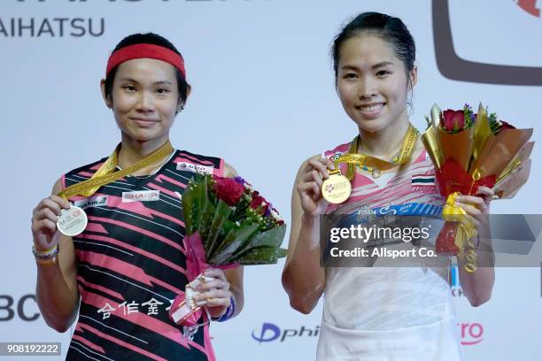 Ratchanok Intanon of Thailand and Tai Tzu Ying of Chinese Taipei pose with their winners' medals during the Women's Singles Final during the Perodua...