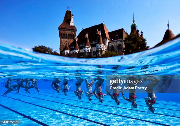 The Synchronised Swimming team of France train in front of the Vajdahunyad Castle ahead of the Synchronised Swimming Team Technical competition on...