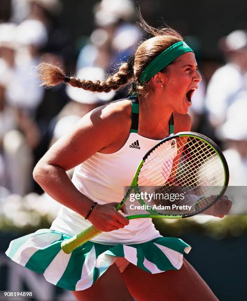 Jelena Ostapenko of Latvia celebrates a point during ladies singles semi-final match against Timea Bacsinszky of Switzerland on day twelve of the...