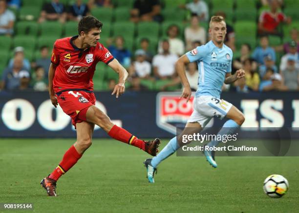 George Blackwood of United attempts a shot on goal during the round 17 A-League match between Melbourne City and Adelaide United at AAMI Park on...