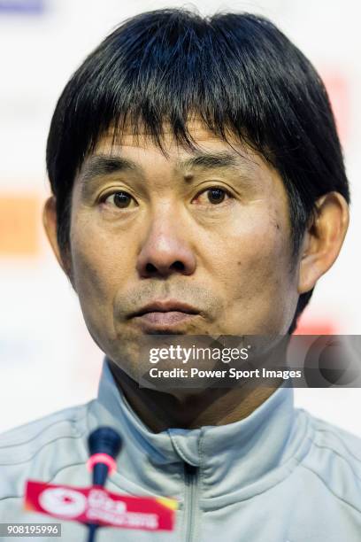 Team Japan manger Hajime Moriyasu talks to media during the post match press conference of the AFC U23 Championship China 2018 Quarter-finals match...