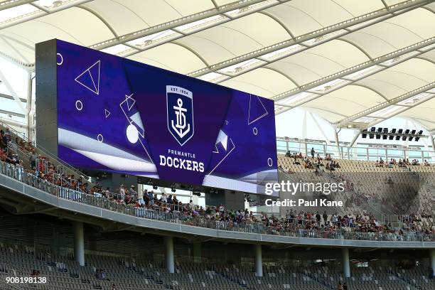 Fremantle Dockers AFL signage is displayed on the large screens at Optus Stadium on January 21, 2018 in Perth, Australia. The 60,000 seat...