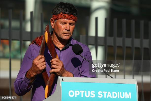 Dr Richard Walley performs the Welcome to Country to invited guests and members of the public before the official opening at Optus Stadium on January...