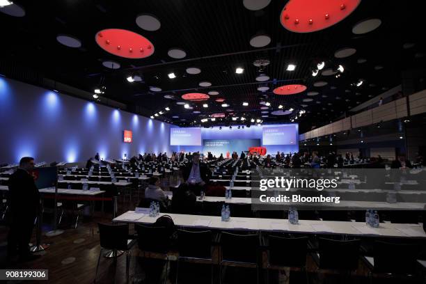 Delegates gather ahead of a Social Democrat Party conference in Bonn, Germany, on Sunday, Jan. 21, 2018. German Chancellor Angela Merkels coalition...
