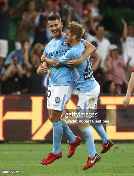 Dario Vidosic of the City celebrates after scoring his second goal during the round 17 A-League match between Melbourne City and Adelaide United at...