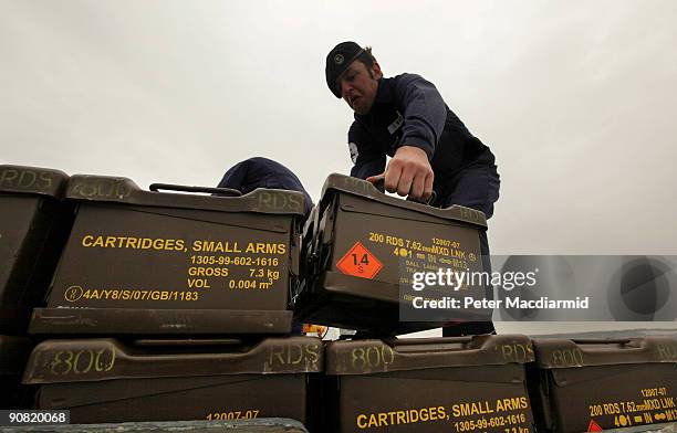 Ammunition is loaded onboard HMS Ark Royal on September 15, 2009 in Portsmouth, England. The Royal Navy's flag ship HMS Ark Royal, which first...