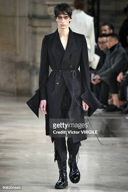 Model walks the runway during the Ann Demeulemeester Menswear Fall/Winter 2018-2019 show as part of Paris Fashion Week on January 19, 2018 in Paris,...