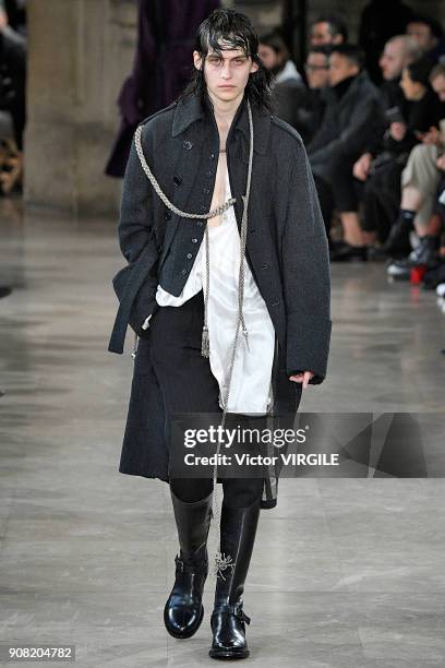 Model walks the runway during the Ann Demeulemeester Menswear Fall/Winter 2018-2019 show as part of Paris Fashion Week on January 19, 2018 in Paris,...