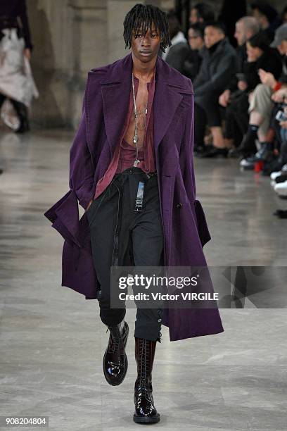 Model walks the runway during the Ann Demeulemeester Menswear Fall/Winter 2018-2019 show as part of Paris Fashion Week on January 19, 2018 in Paris,...