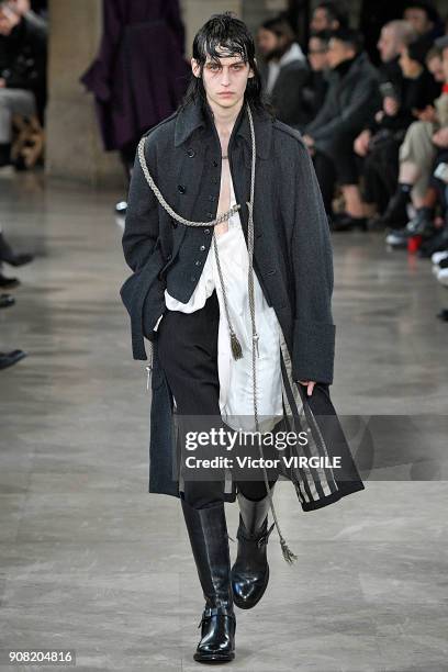 Model walks the runway during the Ann Demeulemeester Menswear Fall/Winter 2018-2019 show as part of Paris Fashion Week on January 19, 2018 in Paris,...